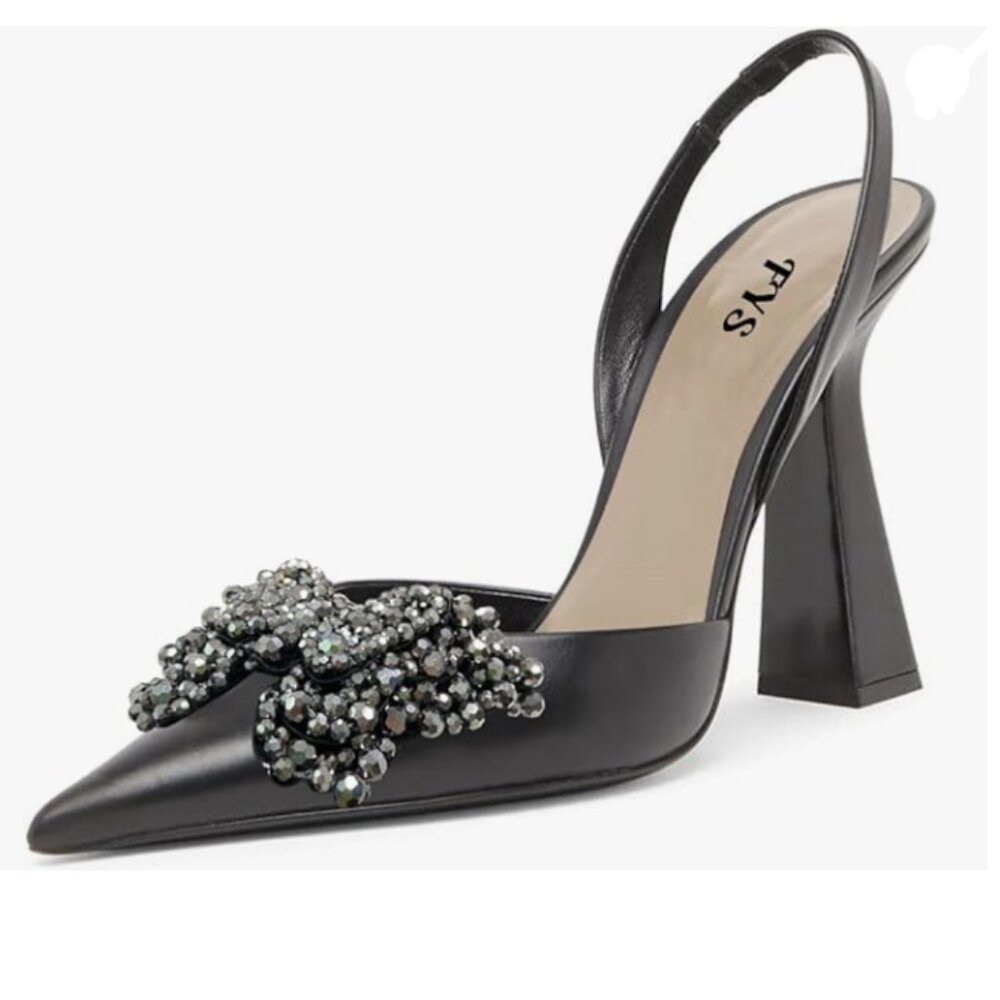 FYS Black Slip on Pointed Toe Slingback Sandals D'Orsay Butterfly Crystal Pump